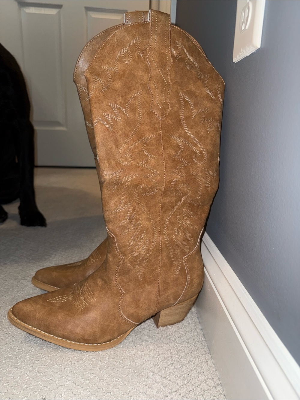 Embroidered Knee-High Western Boots Pointy Toe with Chunky Heel
